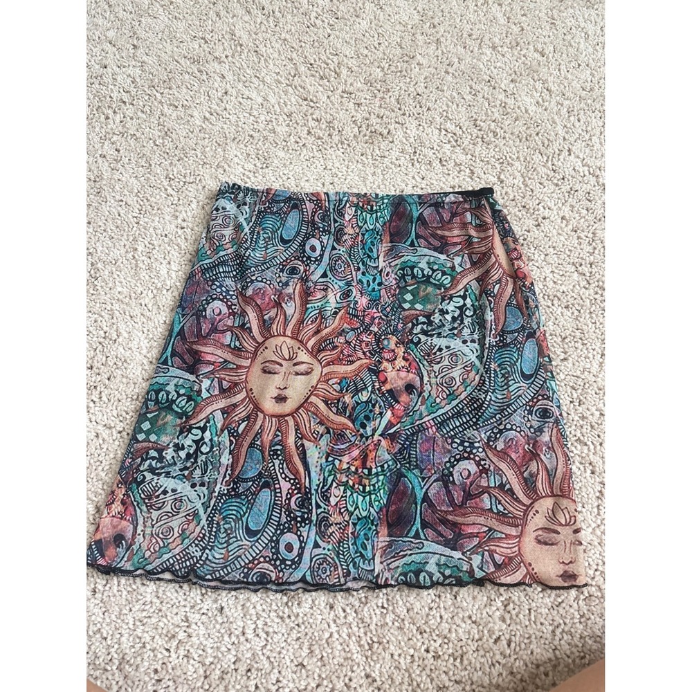 Y2K Celestial Sun Moon Mesh Mini Skirt Lettuce‎ Edge Psychedelic Multi